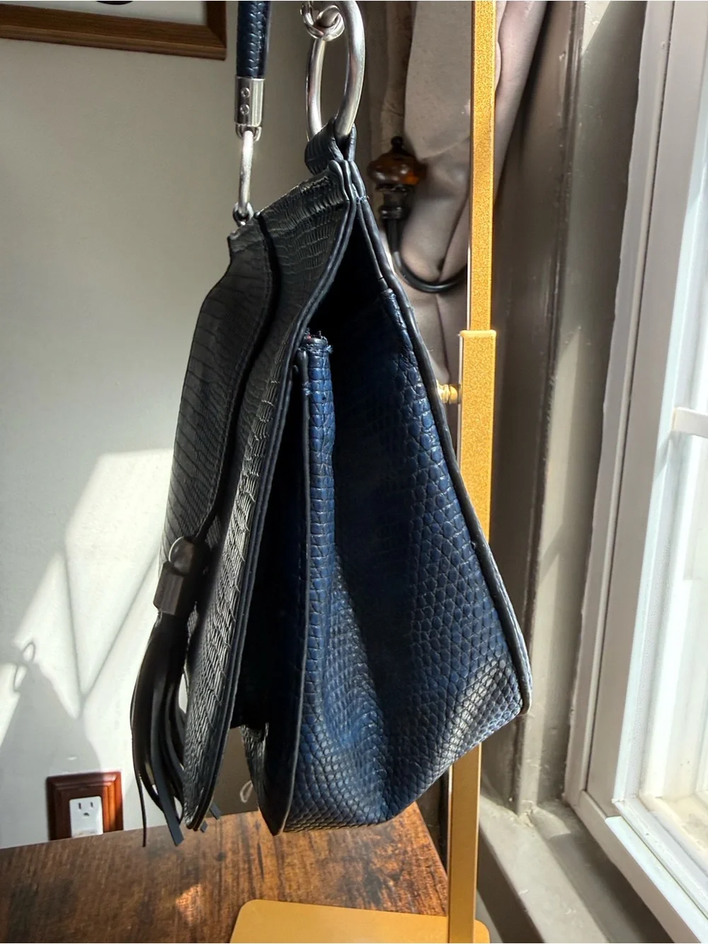 NWT Blue Snake Embossed Textured Leather Shoulder Bag with Tassel